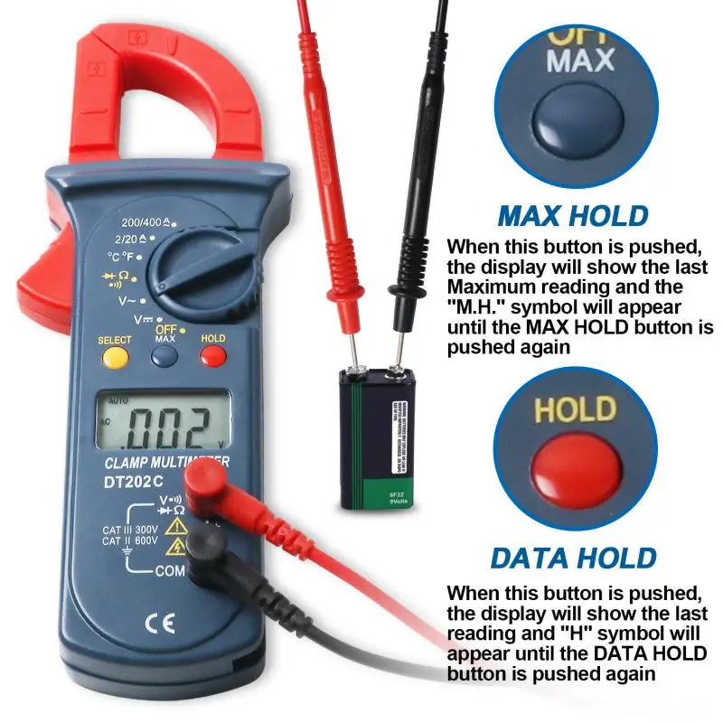 DT202C цифровые клещи/DC Ток Напряжение Авто Диапазон сопротивления непрерывность