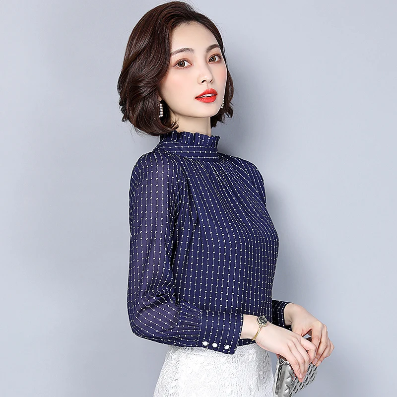 Винтажная блузка в горошек шифоновая рубашка женская с длинным рукавом