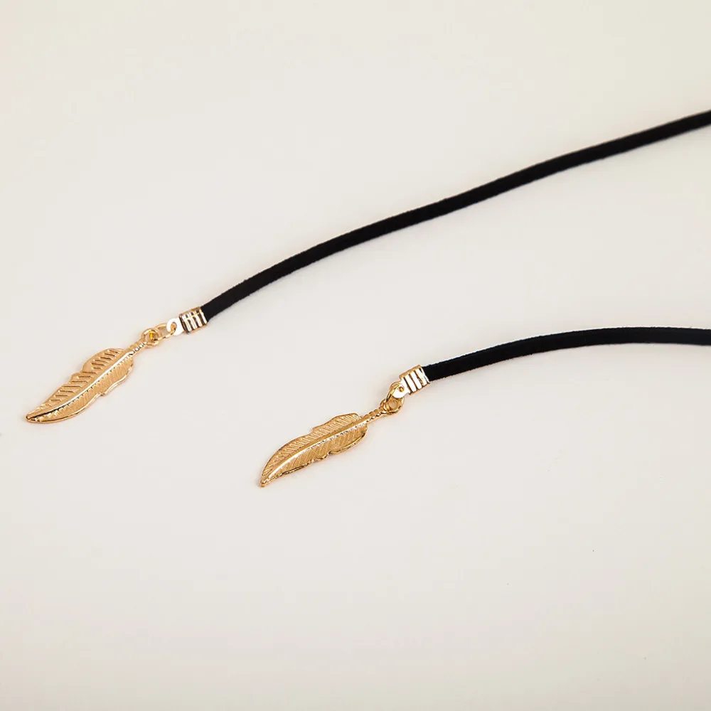 Черное кожаное ожерелье с длинной веревкой золотое Серебряное перо кулоны