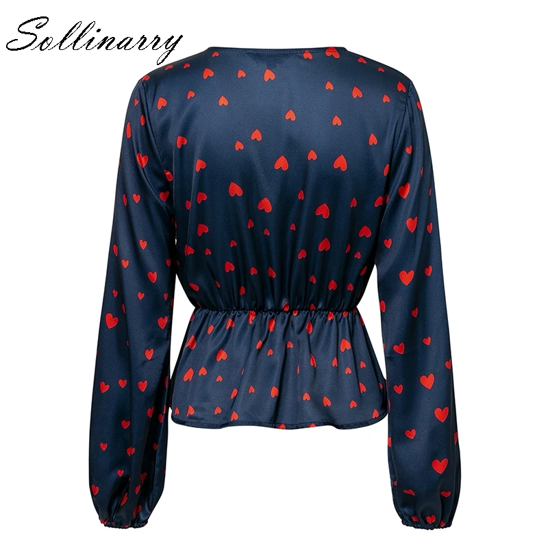 Sollinarry Heart Print Lantern Sleeve Satin Blouse Vintage Ruffles Short Women Deep V Neck Sexy Blusa Mujer |