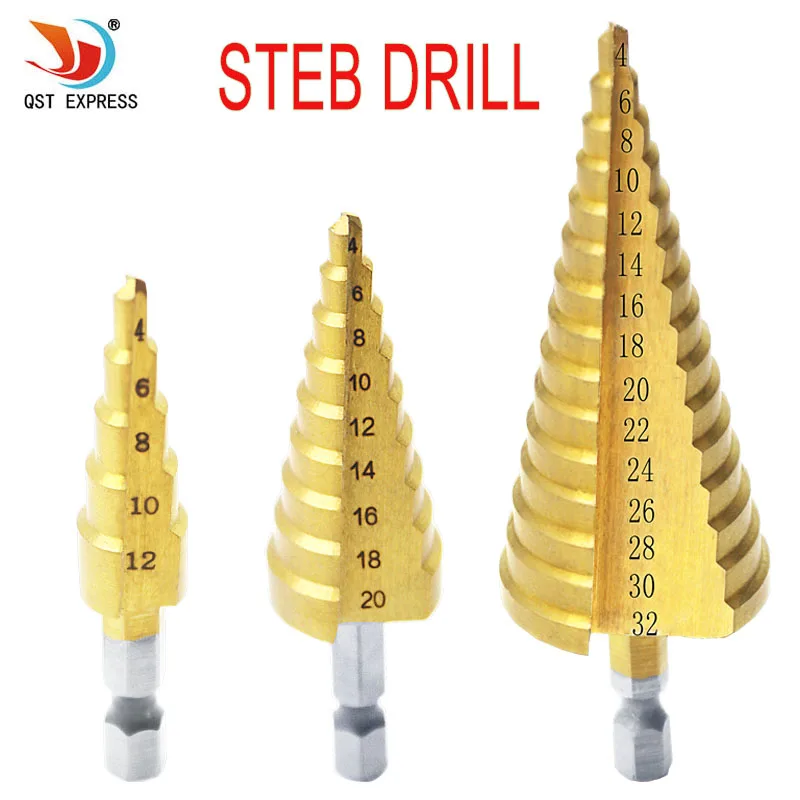 

4-12mm 4-20mm 4-32mm Metric Spiral Flute Step HSS Steel 4241 Cone Titanium Coated Drill Bits Tool Set Hole Cutter