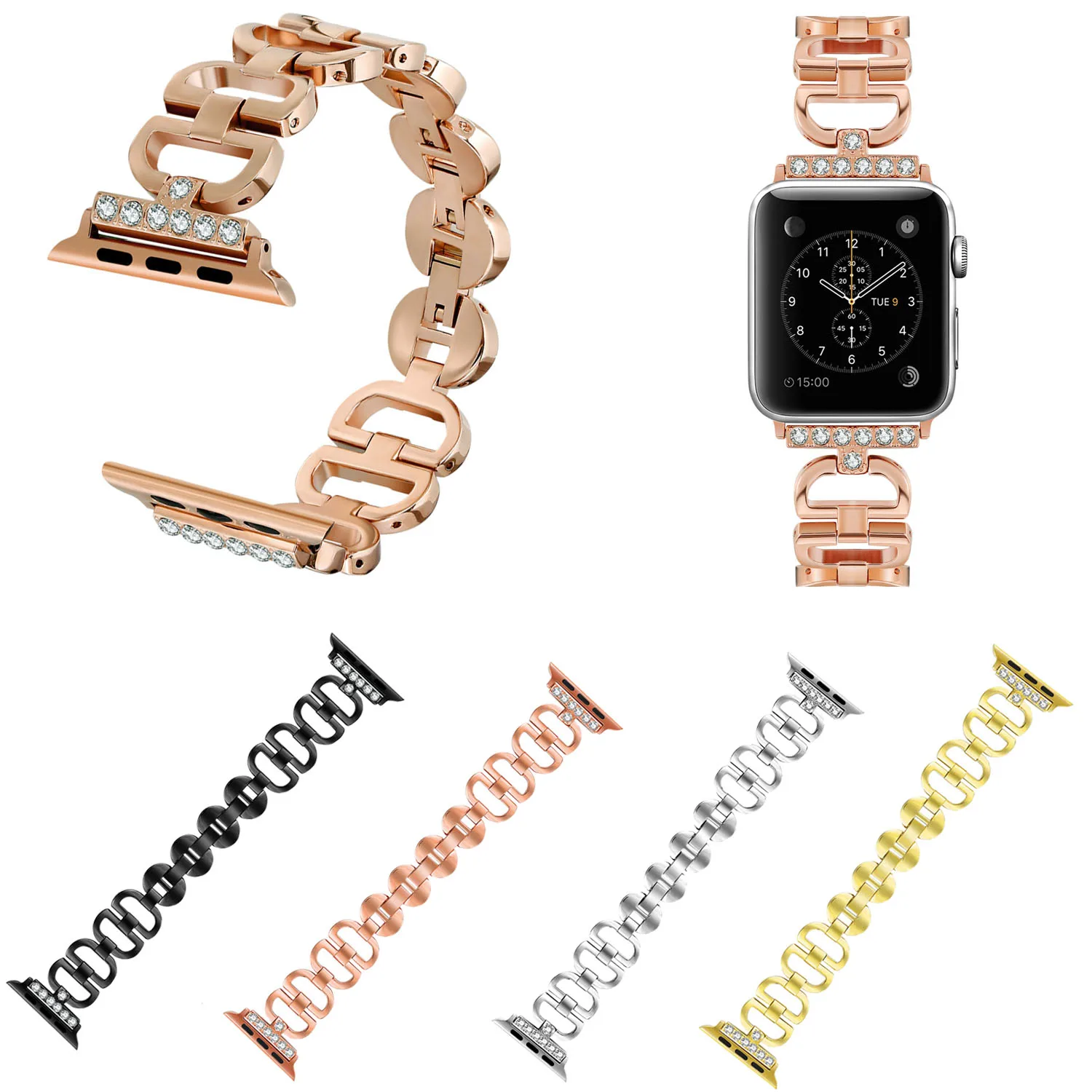 Ремешок из нержавеющей стали для Apple Watch Band Rhinestone Diamond 38 мм 42 40 44 Женский