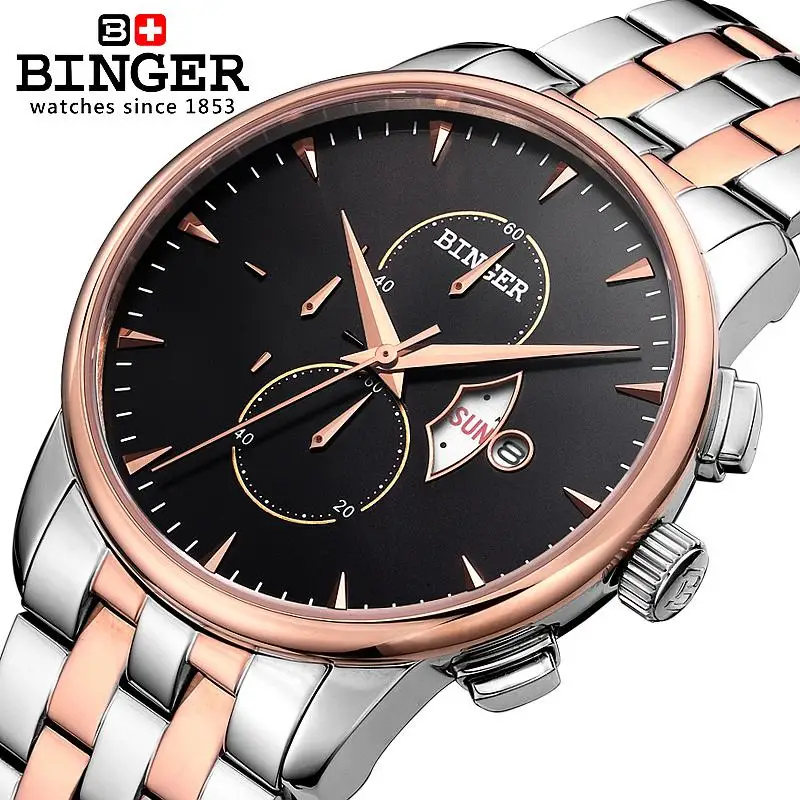 

Switzerland men's watch luxury brand BINGER Quartz Wristwatches full stainless steel Chronograph Multi-function Clock BG-0404-4
