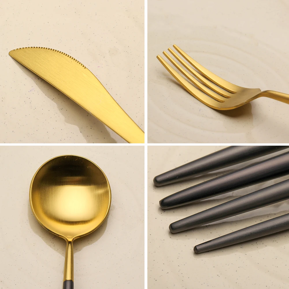 4pcs/set Set Stainless Steel Noble Fork Knife Dessert Dinnerware Gold Black Cutlery for Couverts De Table kitchen dining bar Tableware посуда нож столовые приборы набор посуды flatware