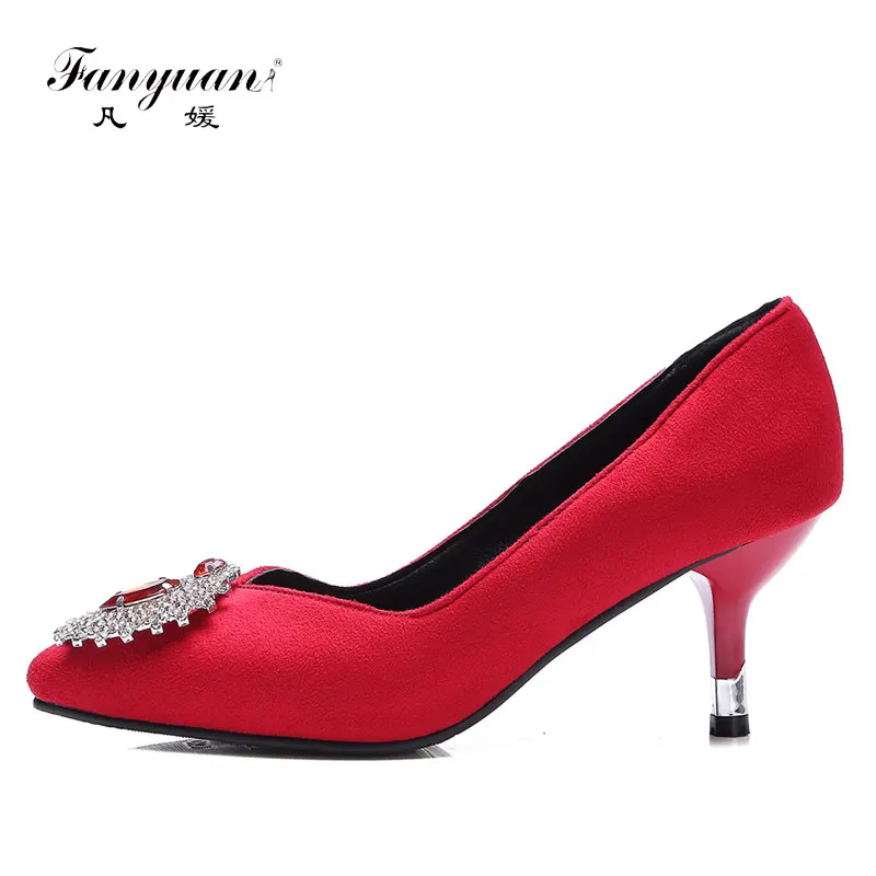 

Fanyuan Faux Suede Shoes Women Pointed Toe Pumps Thin Med Heels Devil Eye Crystal Pumps 2017 Spring Ladies Party Shoes Big Size