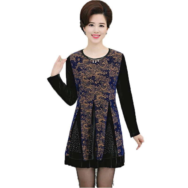 Осень-зима 2016 Новинка Для женщин платье с принтом пуловер круглым вырезом бархат