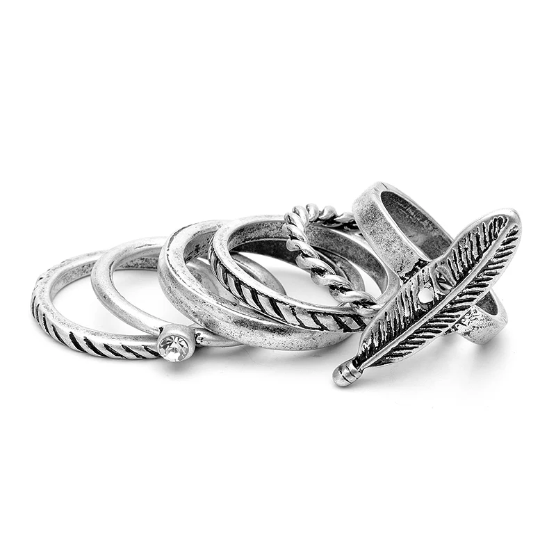 6 шт. для женщин Ретро стиль антиквариат в виде золотых перьев палец кольцо