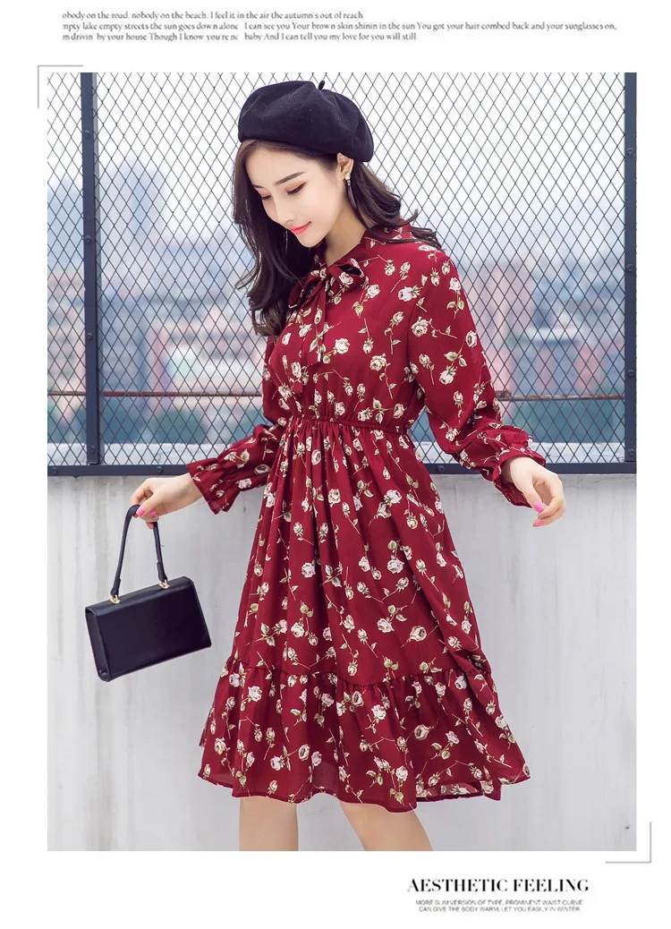 

Chiffon Dress Women 2019 Autumn Slim Floral Puff Long Sleeve Bow Neck Robe Femme Vestidos Vintage Ladies Casual Dresses Tunics