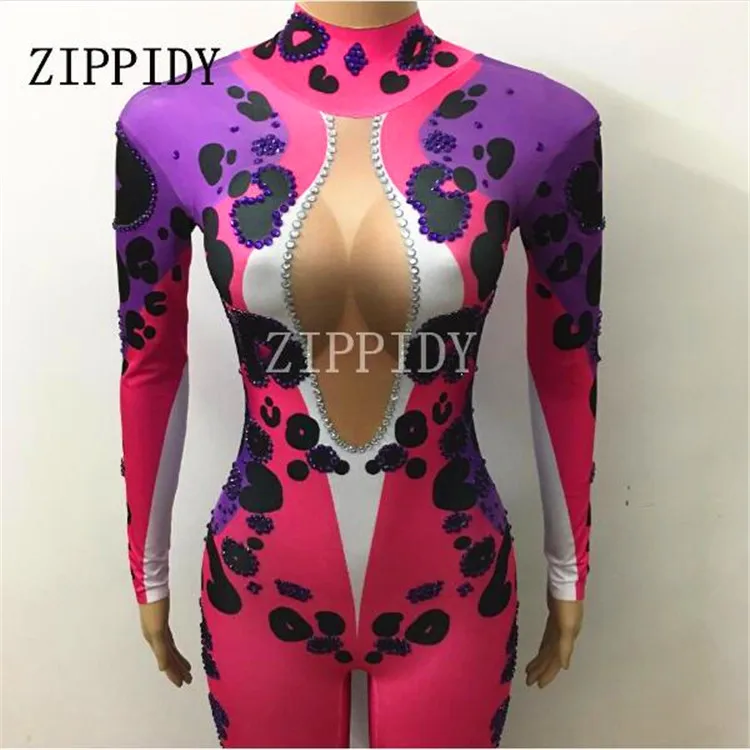 Sexy Purple Leopard Rhinestones Long Sleeves Jumpsuit Stage Performance Dj Singer Dancer Wear One-Piece Stretch Outfit Costume