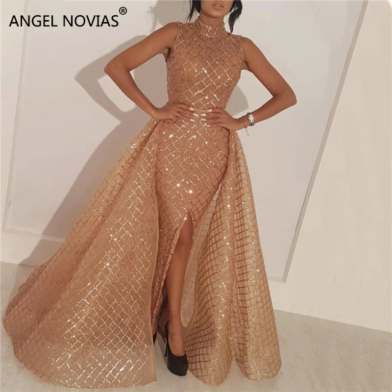 

ANGEL NOVIAS Long High Neck Gold Glitter Abendkleider Saudi Arabic Women Evening Dresses 2019 vestido de fiesta largo noche