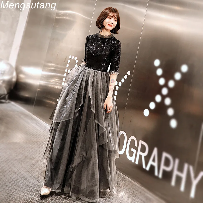 Robe de soiree Черное длинное платье с круглым вырезом кружевной отделкой бисером