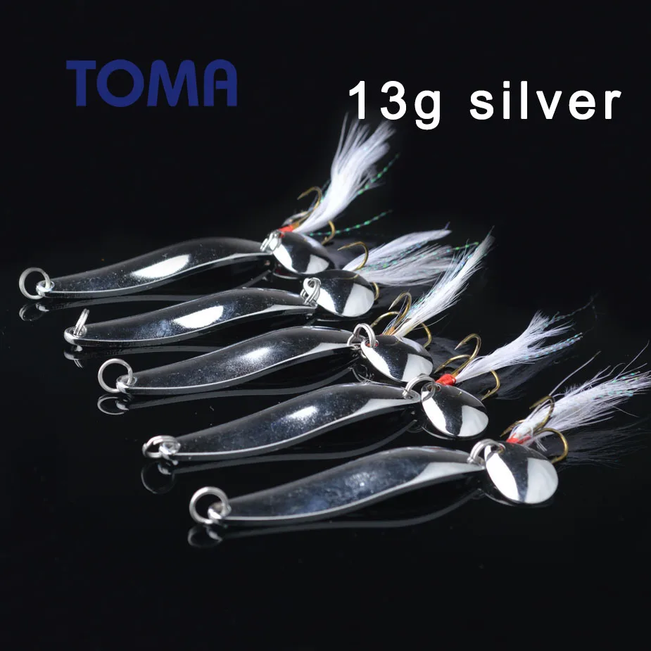 5pcs 13g silver Тома 5 шт./лот металлической ложкой прикормы Шум блестки Spinner 65 мм 10 г 13 г Жесткий наживка, Спиннербейт приманки с перо крюк - Цвет: 5pcs 13g silver