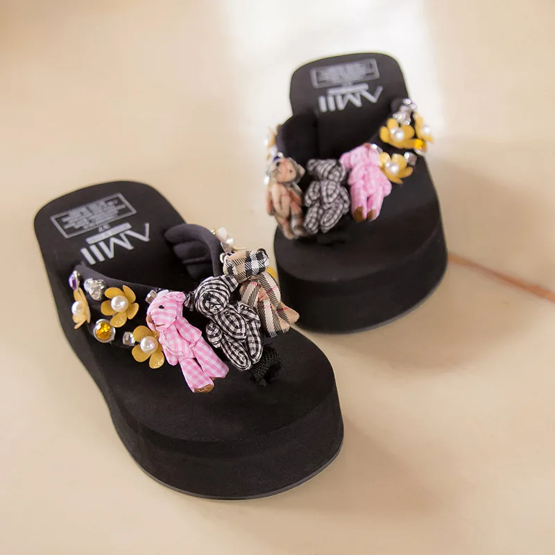 Милый медведь с декором в виде цветка женские сандалии украшение из жемчуга