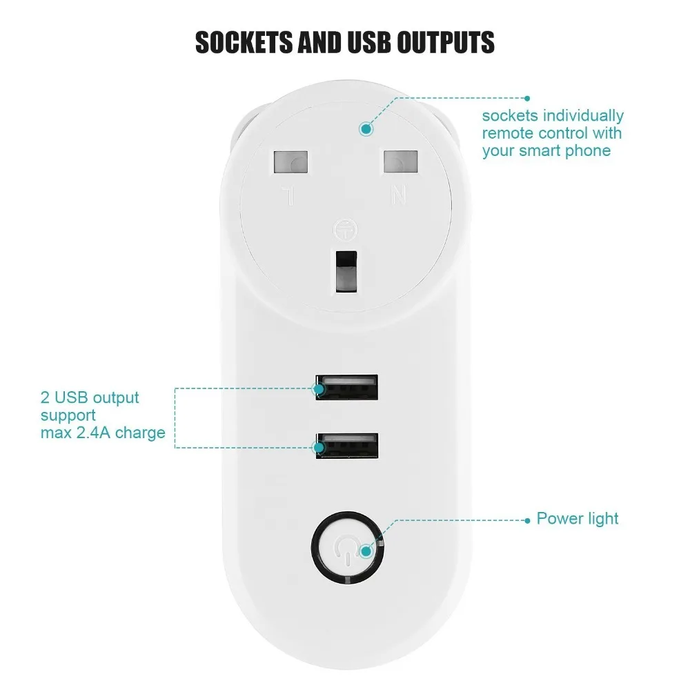Smart Plug Великобритания розетка с 2 USB зарядное устройство Wi-Fi Управление таймер