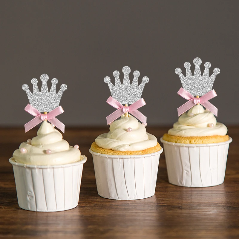 

Custom Bow Color&Gold/Silver Black Glitter Crown Cupcake Toppers Picks Baby Shower Princess/Kids 1st Birthday Party Decorations