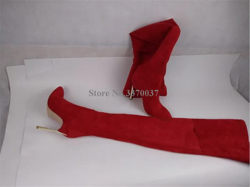 silver heel Фирменный дизайн; Для женщин сексуальный острый носок из замши на высоком металлическом каблуке-шпильке Сапоги выше колен(ботфорты) Завязывающиеся платья облегающие длинные, с высоким каблуком; ботинки - Цвет: silver heel