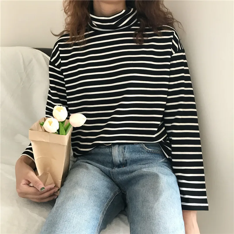 Осенняя водолазка, женская футболка, весенняя, корейский стиль, Ulzzang, Harajuku, Ретро стиль, длинный рукав, полосатая футболка для женщин, топы