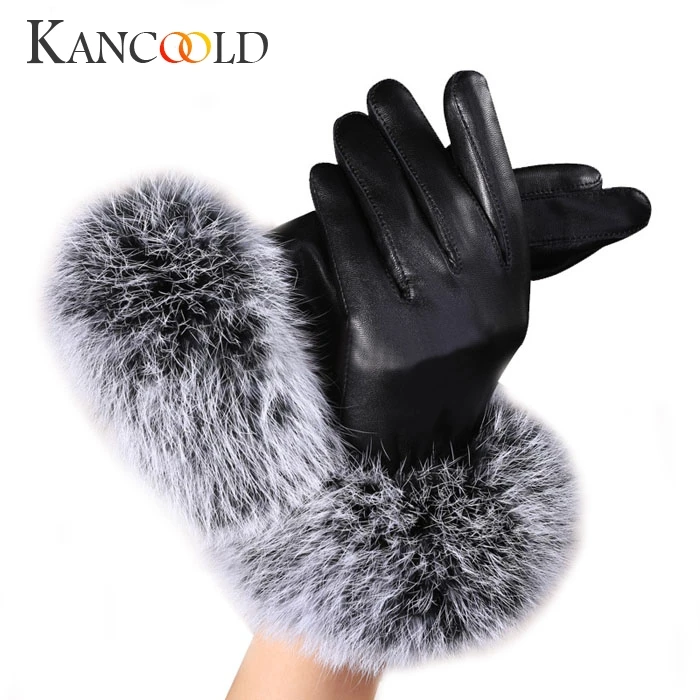 Женские кожаные перчатки KANCOOLD теплые вечерние варежки из кроличьего меха на