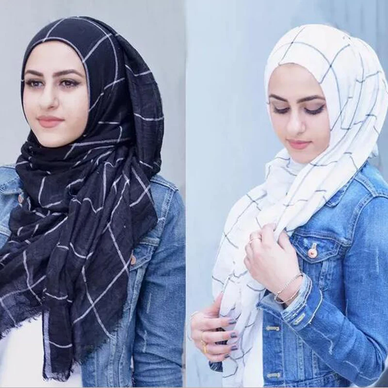 

80*180cm Trendy muslim cotton plaid hijab scarf islamic headscarf tassel scarfs for ladies muslim scarves foulard femme musulman