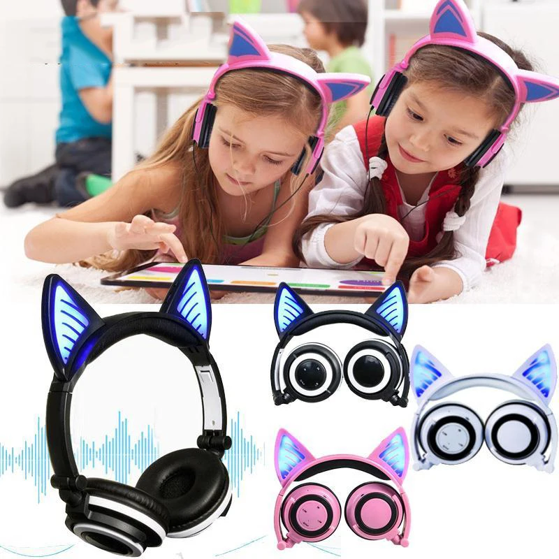 Складные милые наушники с кошачьими ушками Bluetooth 4,2 мигающие светящиеся наушники беспроводные наушники для девочек детей