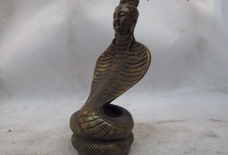 8 Китайский буддизм Kwan Yin Голова змея медный Будда Бронзовый Guanyin Бог