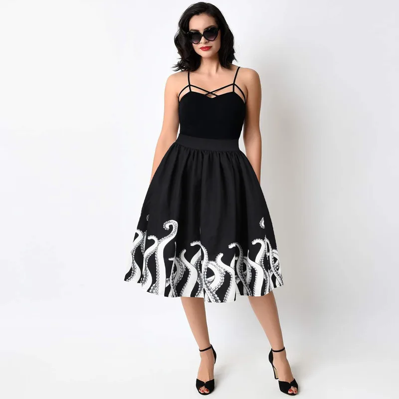 Новый Мода 2017 Лето Юбки для женщин Для S Осьминог черно белой печати