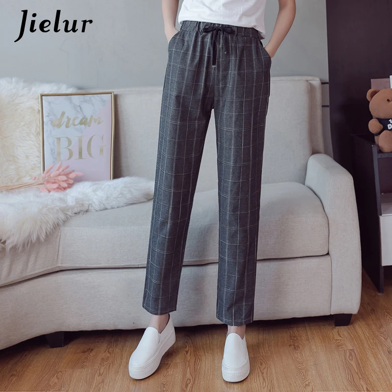 Jielur 2018 Новый Винтаж плед Для женщин брюки Повседневное корейские узкие женские