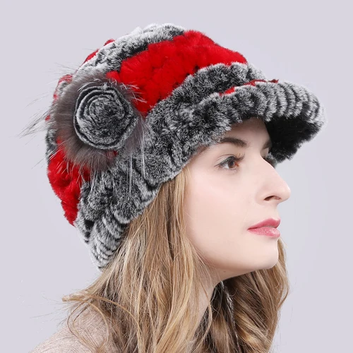 grey red Новая натуральная шапка из кроличьего меха Рекс женская зимняя Цветочная Настоящий мех кролика шапка эластичные шапочки теплая Модная женская зимняя шапка из натурального меха - Цвет: grey red