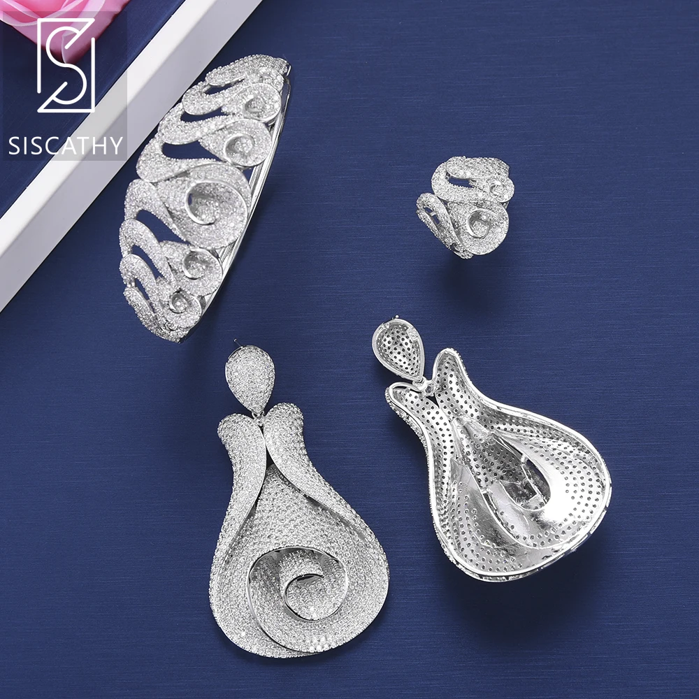 SISCATHY Fashion Tulip Shape Cubic Zirconia Big Collar Necklace Earrings Bangle Resizable Ring Jewelry Sets For Women Wedding | Украшения и