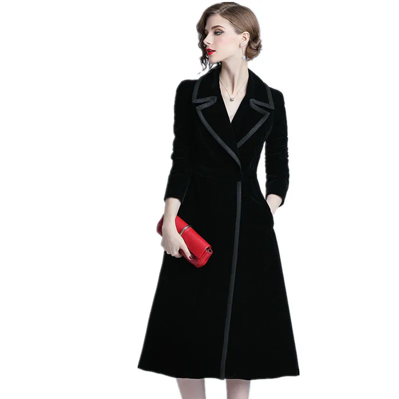 

JSXDHK S-XXL Black Velvet Long Women Trench Coat 2021 Runway Fall Winter Long Sleeve Slim Turn Down Collar Fashion Outwerwear
