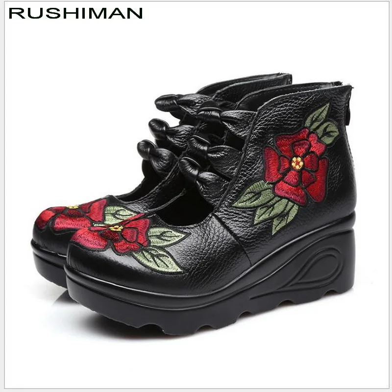 2021 New Arrival Women Genuine Leather Women Flats Platform Shoes Ethnic Style Embroidery With Zip Casual Ladies Loafers Shoes