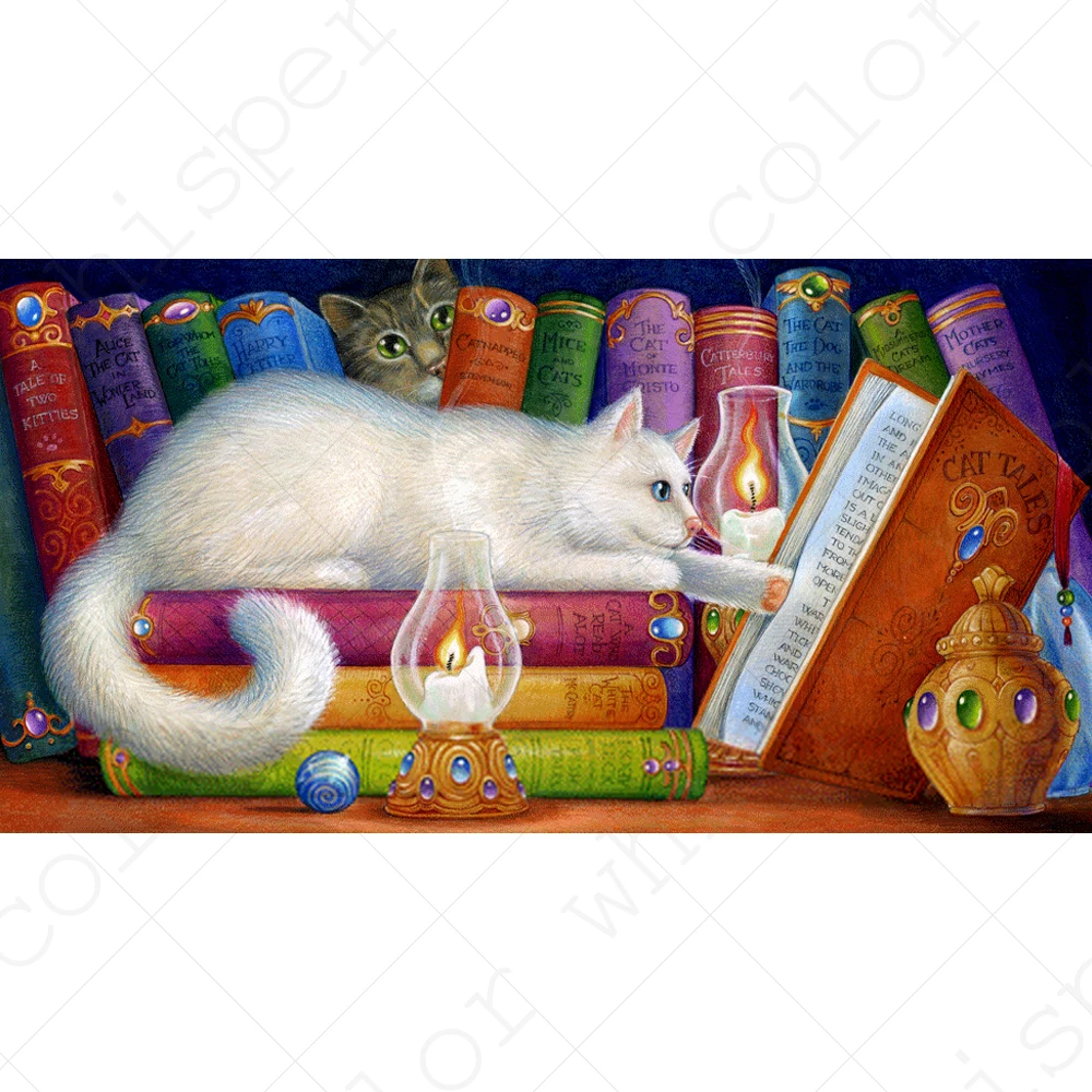 Алмазная живопись с квадратными/круглыми стразами алмазная &quotКот книга чтение