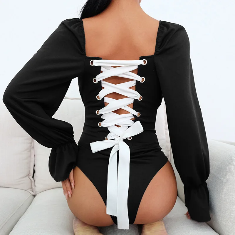 Женские сексуальные боди с открытой спиной 2019 черные панели со шнуровкой