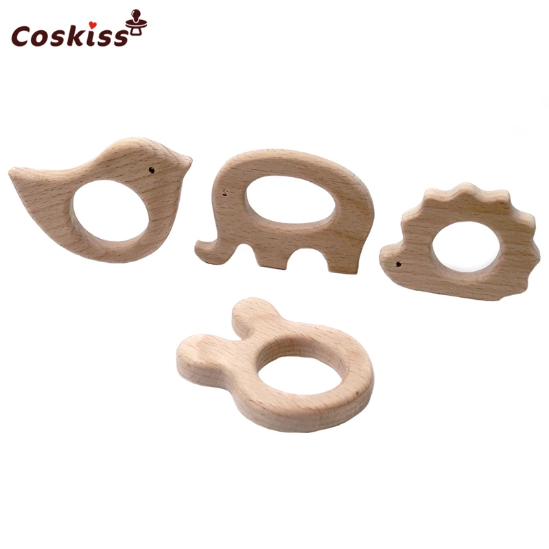 DIY Baby Teether Toys Organic Natural Beech Wooden Elephant-Bird-Hedgehog-Rabbit Hand Cut Grasping Toys Baby Wooden Teether Gift