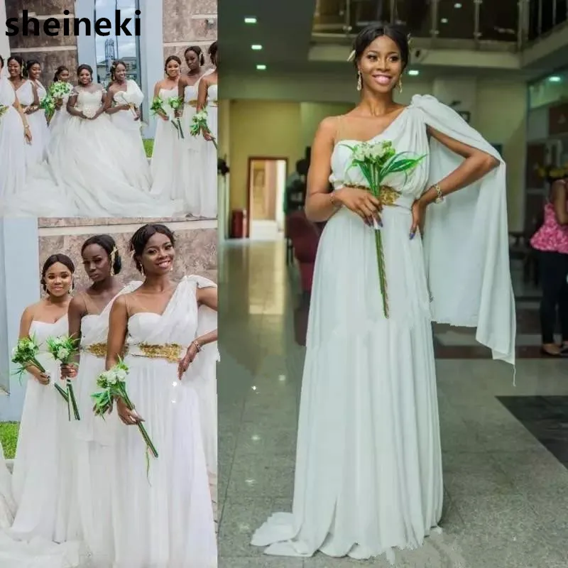 African Cheap Chiffon One Shoulder Bridesmaid Dresses Country Pearts Wedding Party with Sash Beaded Plus Size | Свадьбы и торжества