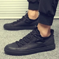new hot sale fashion male casual shoes all black mens leather casual sneakers fashion black white flats shoes lh 57