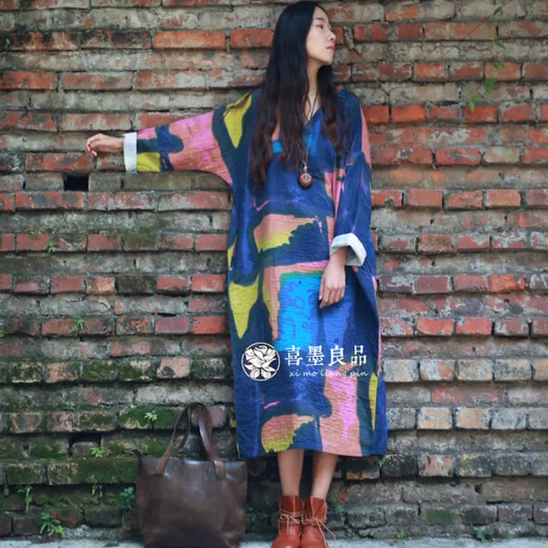 Женское длинное платье из хлопка и льна Свободное с длинным рукавом V-образным