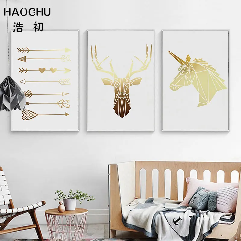 HAOCHU Nordic Золотой голова оленя геометрический рисунок холст картины плакат