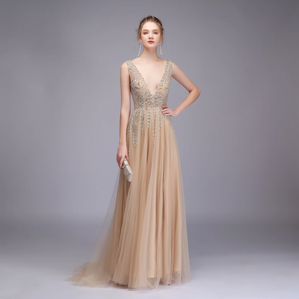 Женское вечернее платье SSYFashion роскошное блестящее цвета шампанского с v образным