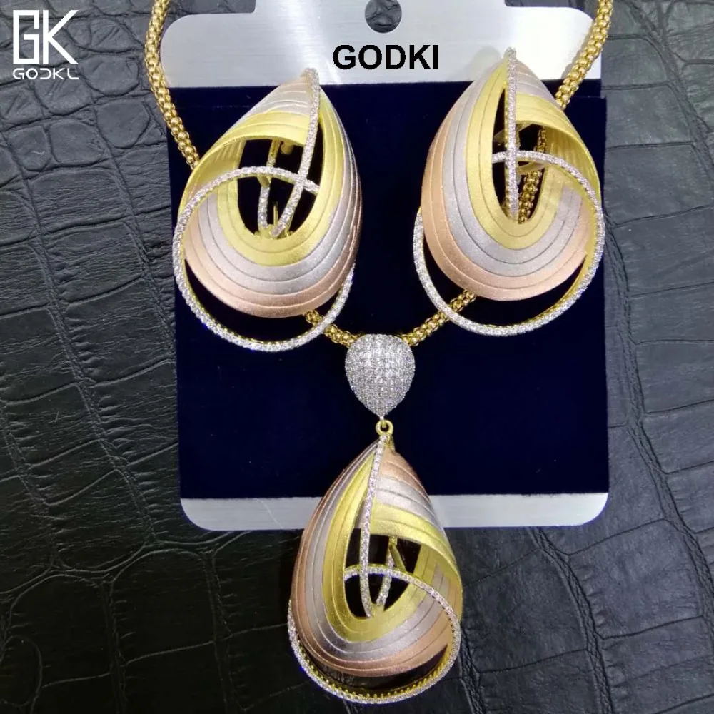 Godki роскошный капли воды 4 шт ожерелье серьги набор циркониевые кристаллы цветок