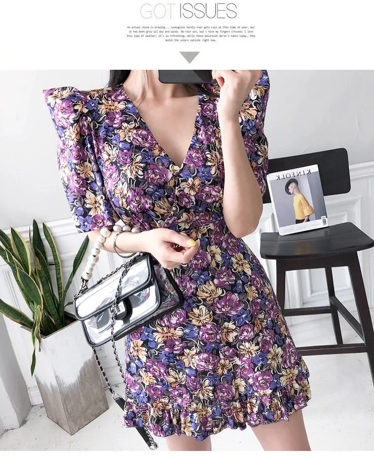 Женское облегающее мини-платье с v-образным вырезом коротким рукавом и оборками