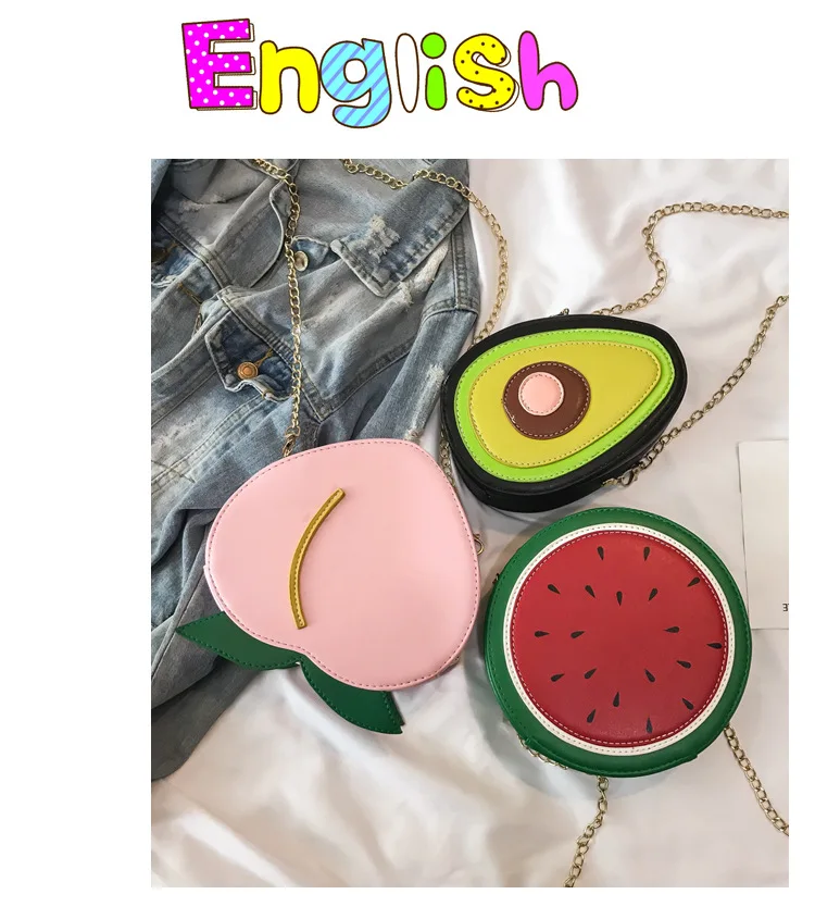 Fun Fashion Fruit Design Peach Watermelon Avocado Pu Leather Ladies Shoulder Bag Tote Crossbody Mini Messenger Bag Flap Handbag