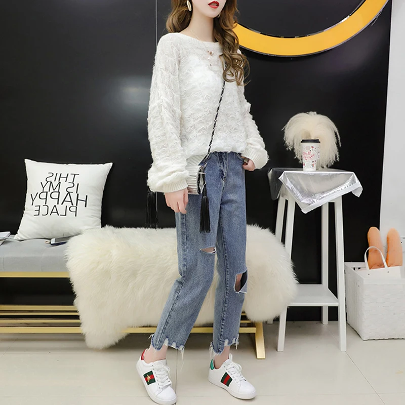 Hollow-out sweater lady New Spring Autumn 2019 Pullover Soft Loose clothes Mohair O-Neck Long sleeves lattice textures pattern | Женская