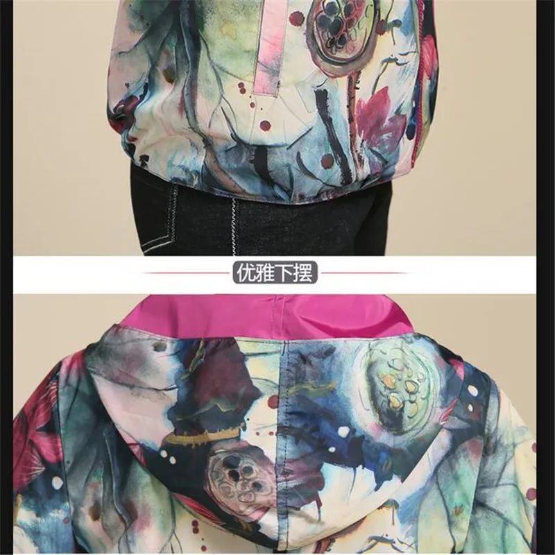 

2017 Fashion Middle-aged Leisure Big Yards Women Spring Autumn Jacket Coat Printing Hooded Long-sleeved High-end Sweet CoatQ463