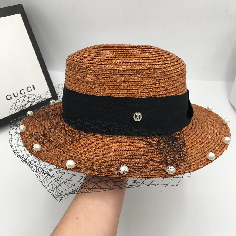 Spring summer new net yarn pearl beach sunscreen during large flat straw brim hat letters bonnet sun | Аксессуары для одежды
