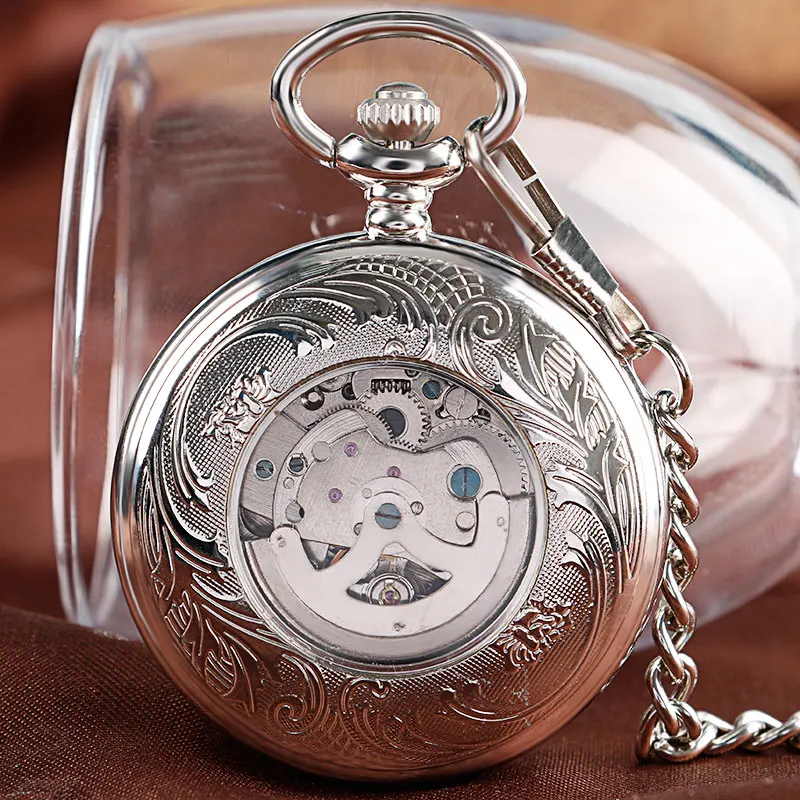 Fashion Silver Glass Case Black Roman Number Dial Self-wind Mechanical Fob Pocket Watches with Chain relojes de bolsillo