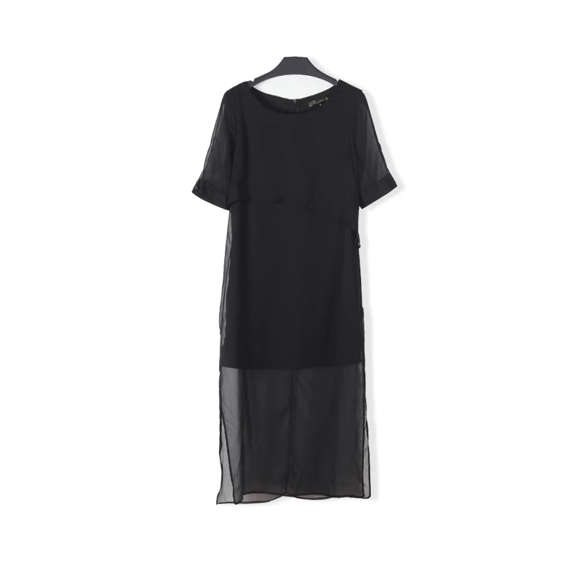 

TAOYIZHUAI High Street Style Solid Sashes Straight Knee-Length O-Neck Elegant Simple Long Black Chiffon Women Dress 11514