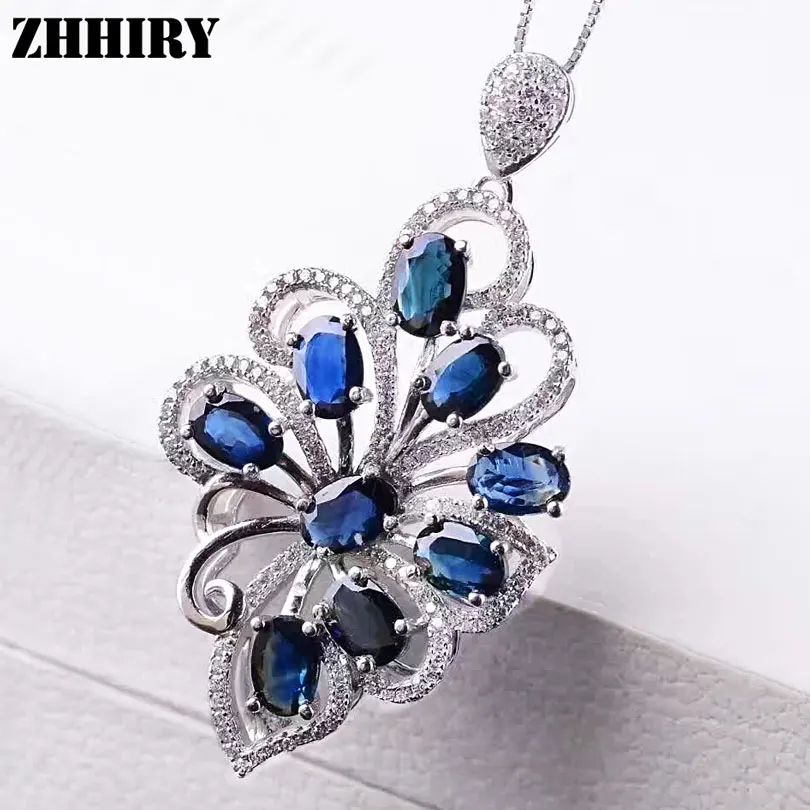 

Women Solid 925 sterling silver Natural Sapphire Necklace Pendant Genuine Fine Jewelry With Chain ZHHIRY