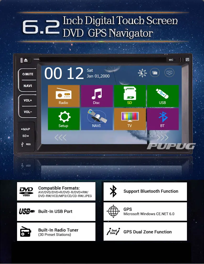 Музыка 6 2 дюйм Радио Стерео gps карта Автомобильный DVD Аудио двойной Din навигатор PC