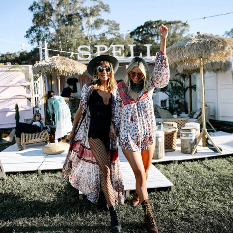 Богемное длинное платье с v образным вырезом и цветочным принтом в этническом